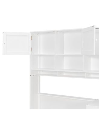 Wooden Twin Platform Bed with Desk, Wardrobe, Cabinets, Drawers, Shelves