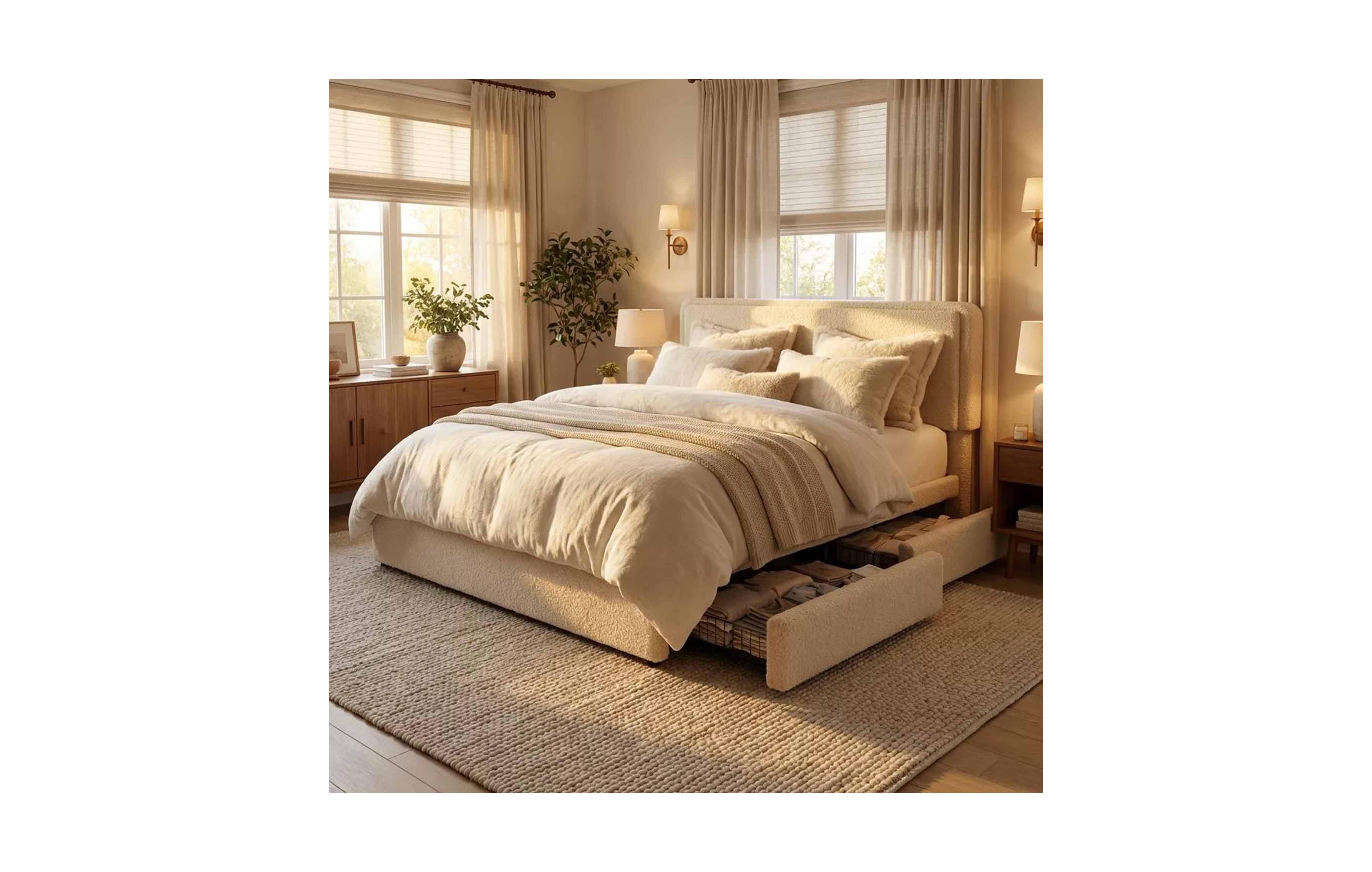 gaomon Teddy Fleece 2 Drawer Adjustable Headboard Bed Frame