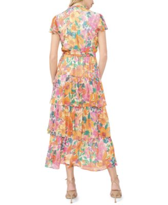 Women's Tiered Floral Flutter-Sleeve Maxi Dress