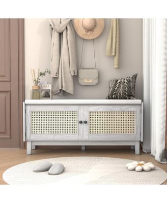 Rattan Shoe Storage Bench, Wooden Shoe Organizer with Cushion, 2 Doors, 2-Tier Shoe Rack and Adjustable Shelves for Entryway, Hallway