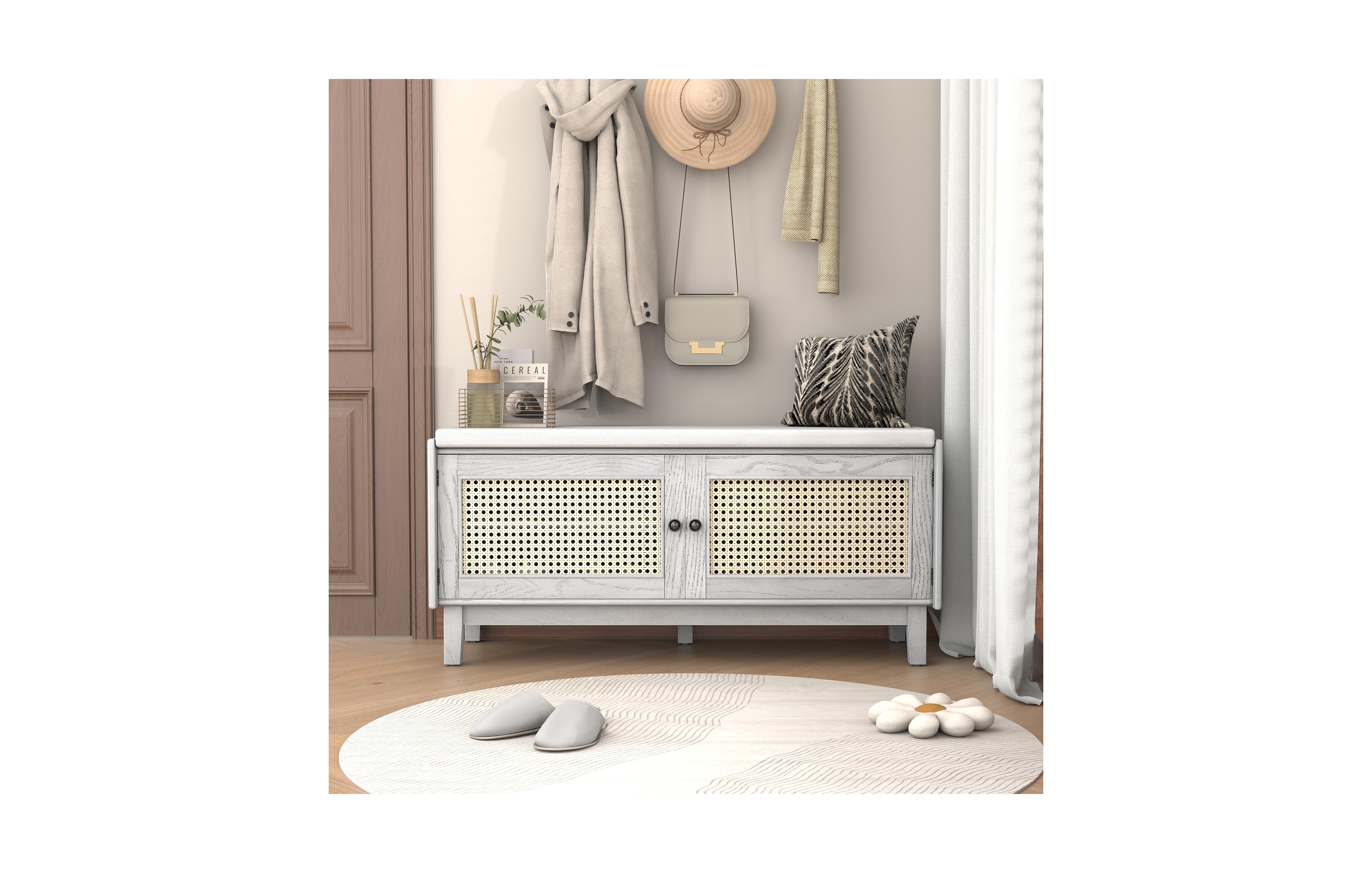 Rainsken Rattan Shoe Storage Bench, Wooden Shoe Organizer with Cushion, 2 Doors, 2-Tier Shoe Rack and Adjustable Shelves for Entryway, Hallway
