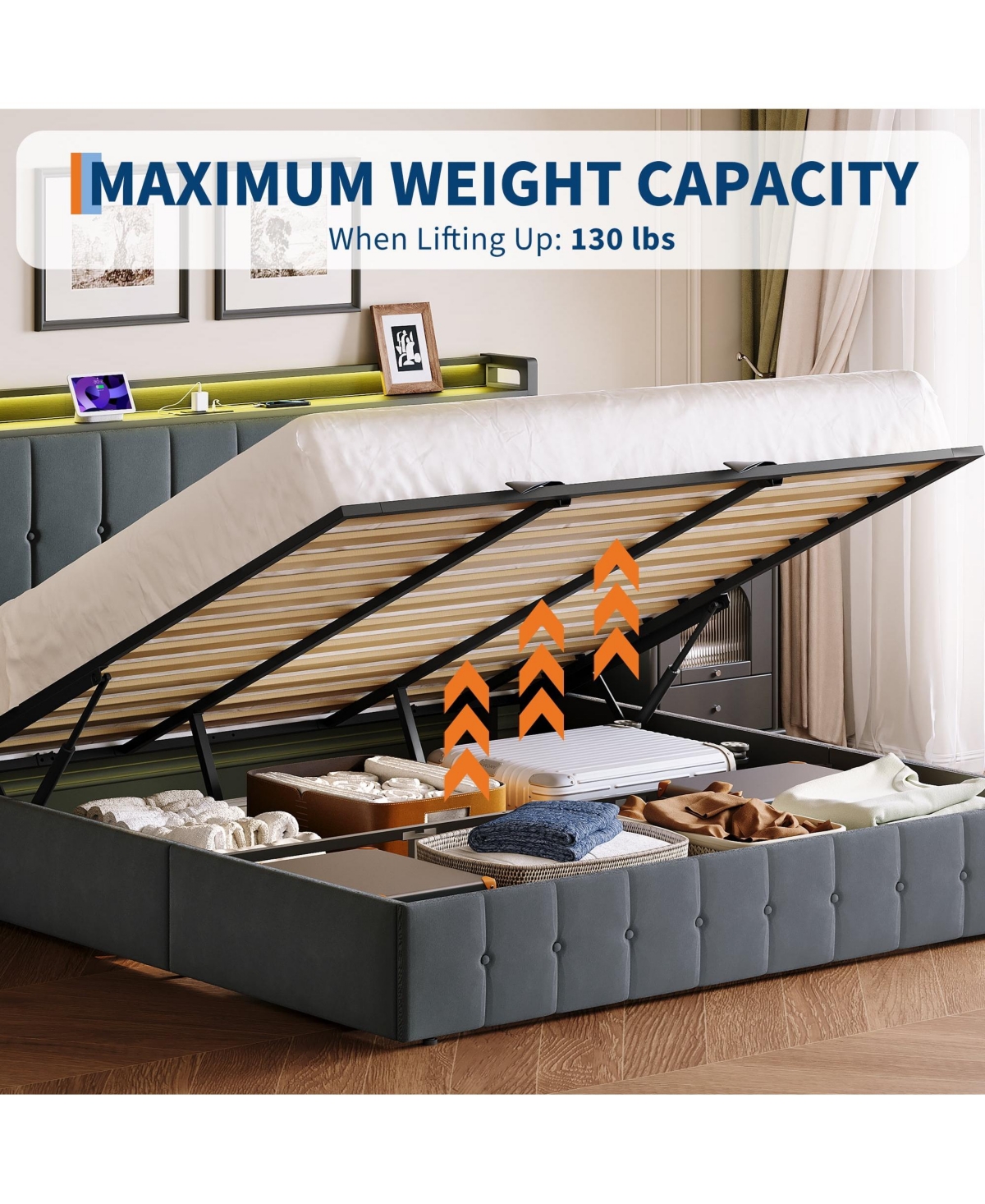 gaomon Lift Up Bed Frame with Charging Station & Led Lights,Upholstered Bed with Storage Headboard