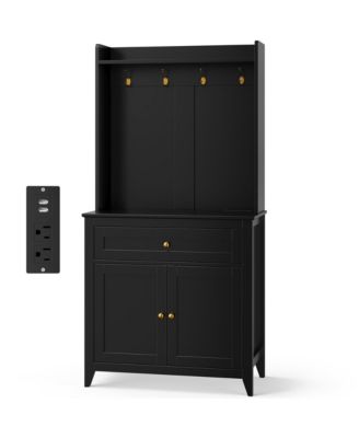 63"Kitchen Pantry Storage Cabinet with Outlet,with Microwave Shelf & 4 Hooks, Door Shelves & Drawer