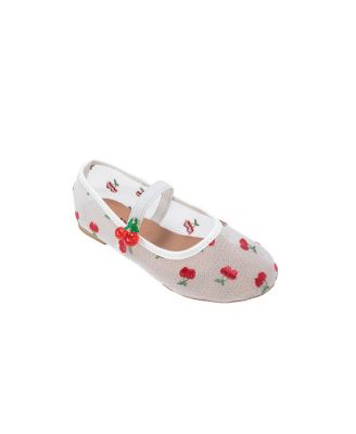 Big Girls Mesh Ballet Mary Jane Shoes - Comfortable Dress Flats with Embroidered Cherry Accents