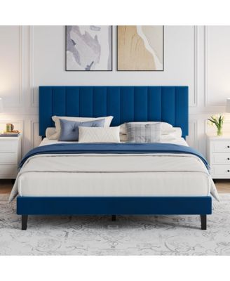 Bed Frame and Velvet Upholstered Headboard with Adjustable Vertical Channel Tufted Headboard