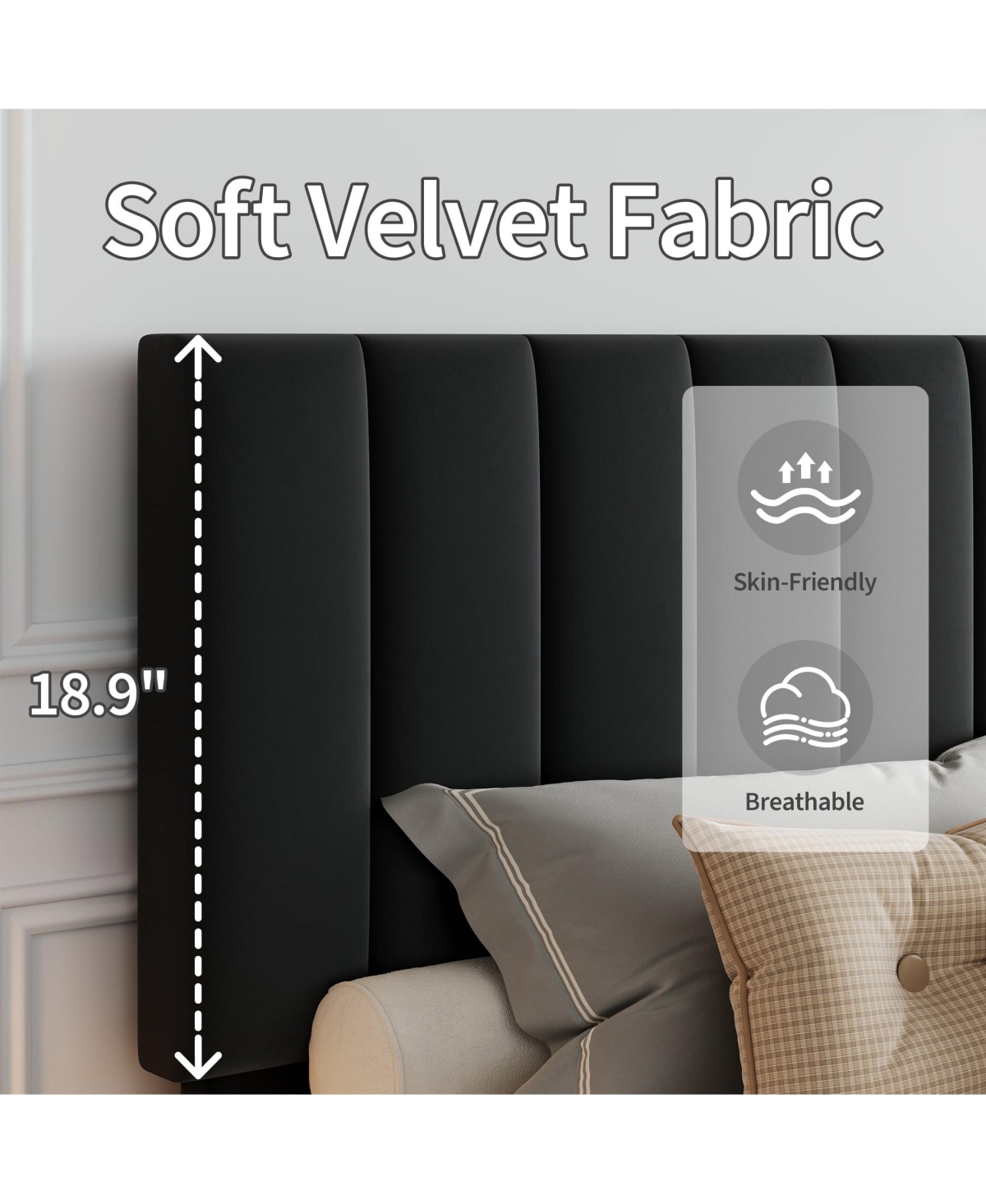 gaomon Bed Frame and Velvet Upholstered Headboard with Adjustable Vertical Channel Tufted Headboard