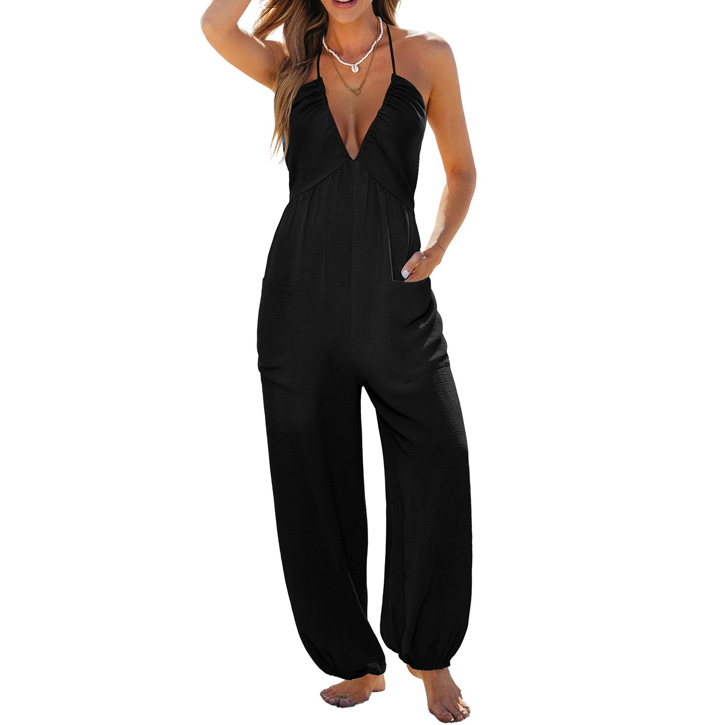Женский комбинезон Cupshe V-Neck Zipper Closure Unlined Jumpsuit, цвет: Чёрный — фото 1