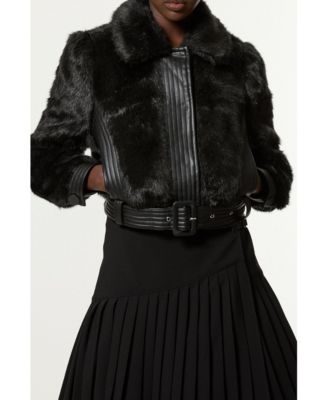 Women's Faux Fur Pu Panel Belted Cropped Jacket