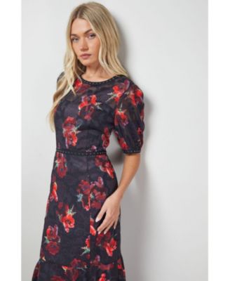 Women's Floral Stud Trim Puff Sleeve Midi Dress