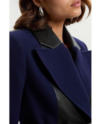 Women's Wool Pu Mix Belted Midi Coat