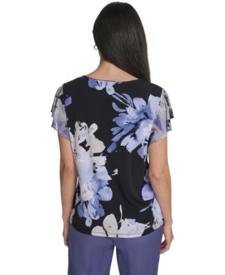 Women's Mixed Media Cap-Sleeve Top