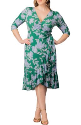 Plus Size Flirty Flounce 3/4-Sleeve Midi Wrap Dress
