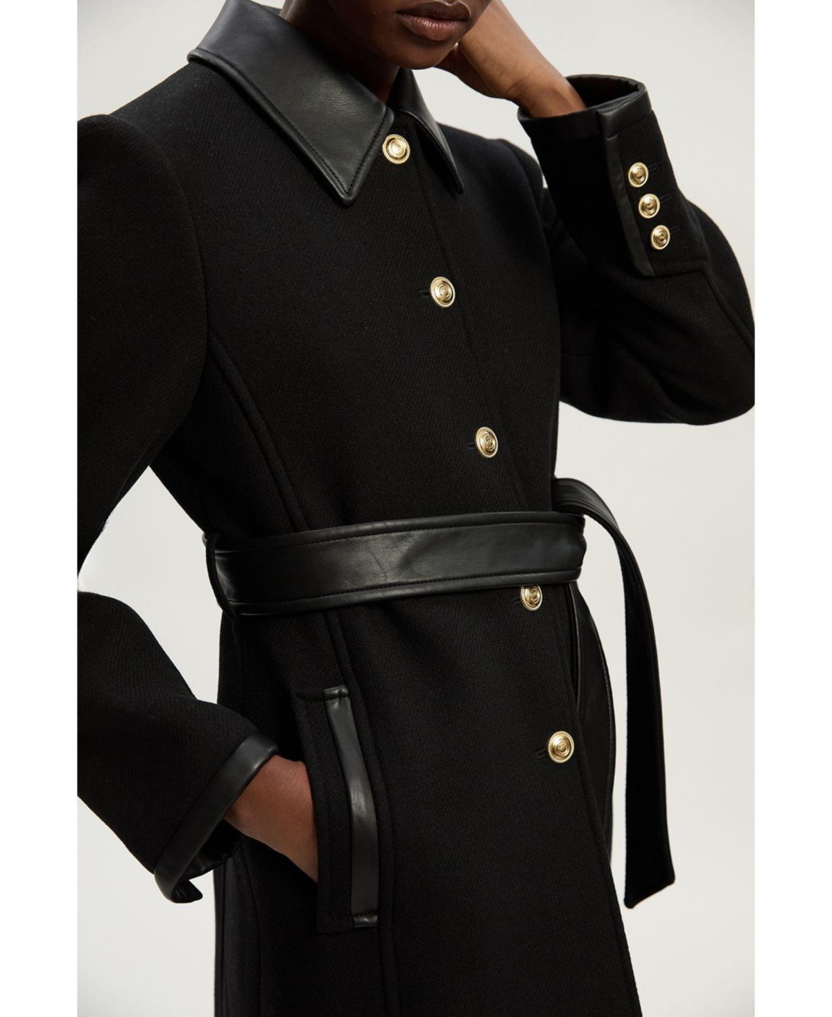 Karen Millen Women's Wool Pu Mix Belted Tailored Maxi Coat