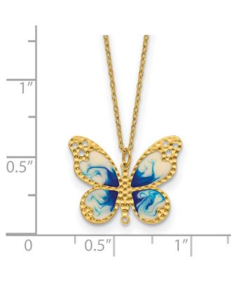 Solid 14k Yellow Gold 18 Inch Italian Blue Enamel Textured Butterfly Necklace