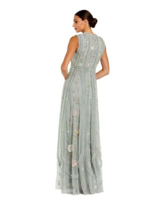 Women's Floral Mesh Sleeveless A Line Micro Ruffle Gown