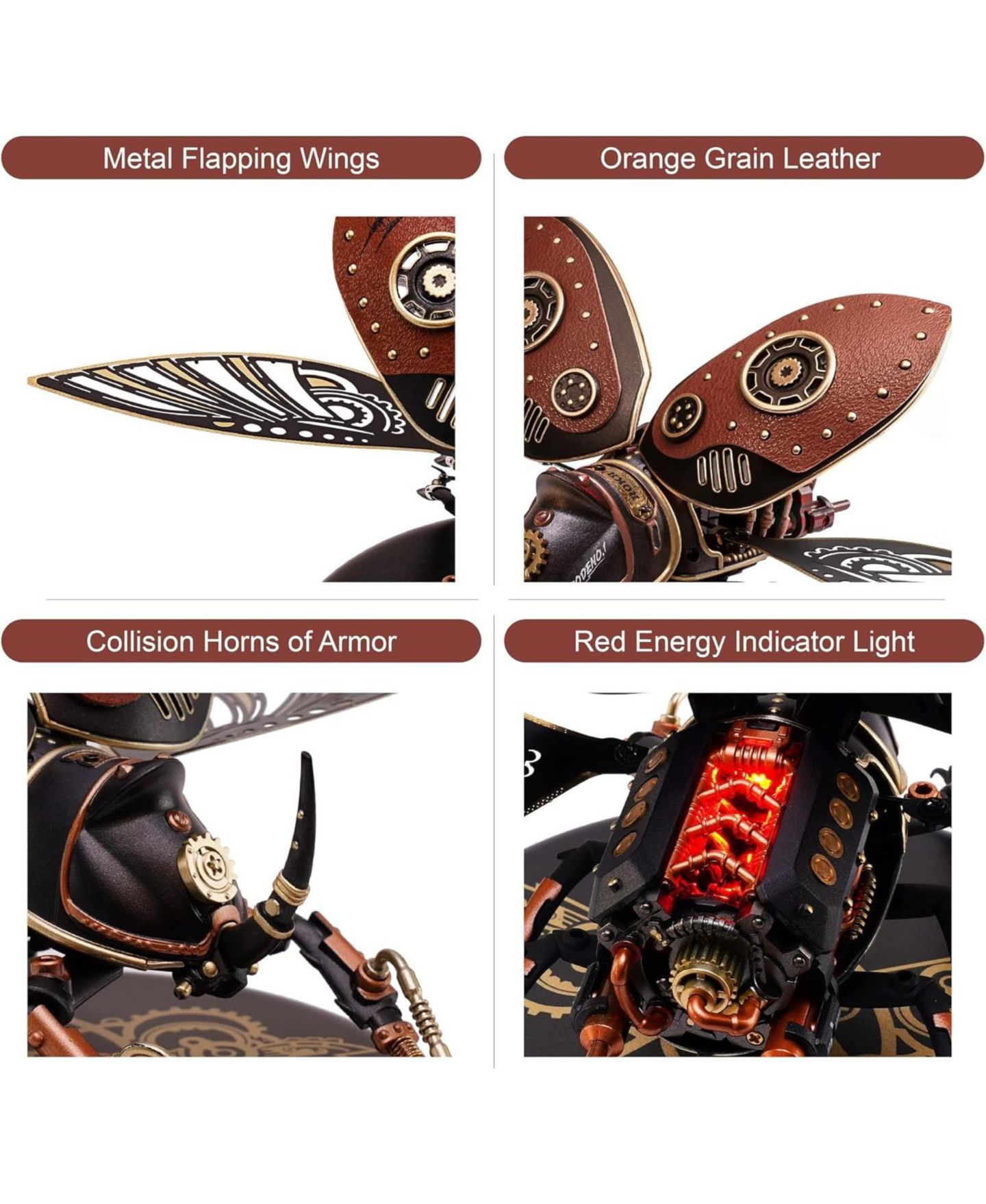 Детский конструктор Robotime Steampunk Mechanical Rhinoceros Beetle Touch-Activated LED 156-Piece 3D Metal Puzzle Building Set, Ages 8+ — фото 6