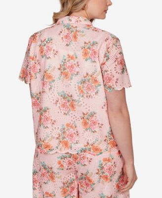 Plus Size Floral Scalloped Hem Camp Shirt
