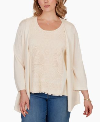 Plus Size Crochet Back Open Front Cardigan Sweater
