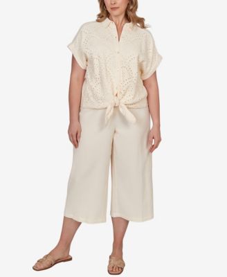 Plus Size Eyelet Front Gauze Tie-Front T-Shirt