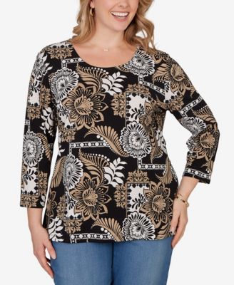 Plus Size Tropical Patchwork Scoop Neck Knit Top
