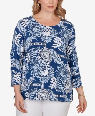 Plus Size Tropical Patchwork Scoop Neck Knit Top