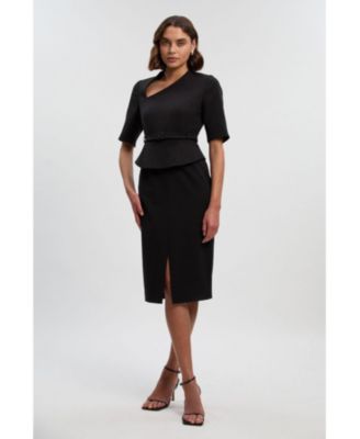 Women's Asymmetric Neck Belted Pencil Midi Dress