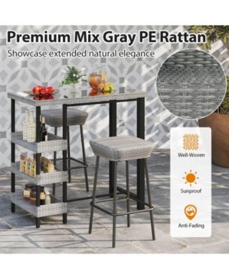 43.5" Outdoor Bar Table with Tempered Glass Top & 3 Rattan Shelves Storage