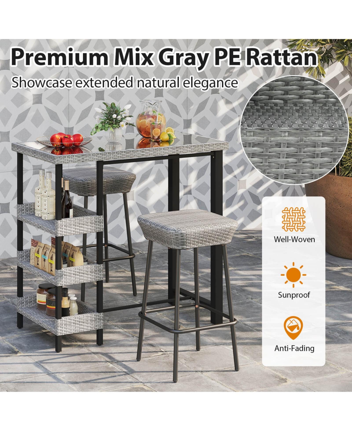 43.5" Outdoor Bar Table with Tempered Glass Top & 3 Rattan Shelves Storage