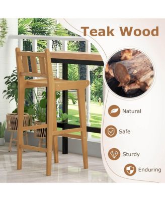 2 PCS 30" Teak Wood Bar Stool with Footrest & Backrest Wooden Bar Height Chair