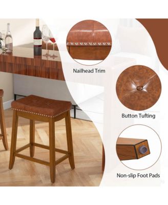 Saddle Bar Stools Set of 4 with PU Leather Seat Solid Rubber Wood Frame Footrest