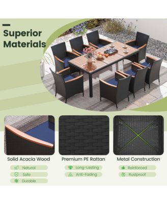 9 PCS Outdoor Dining Set with Acacia Wood Tabletop, Umbrella Hole, Seat Cushions