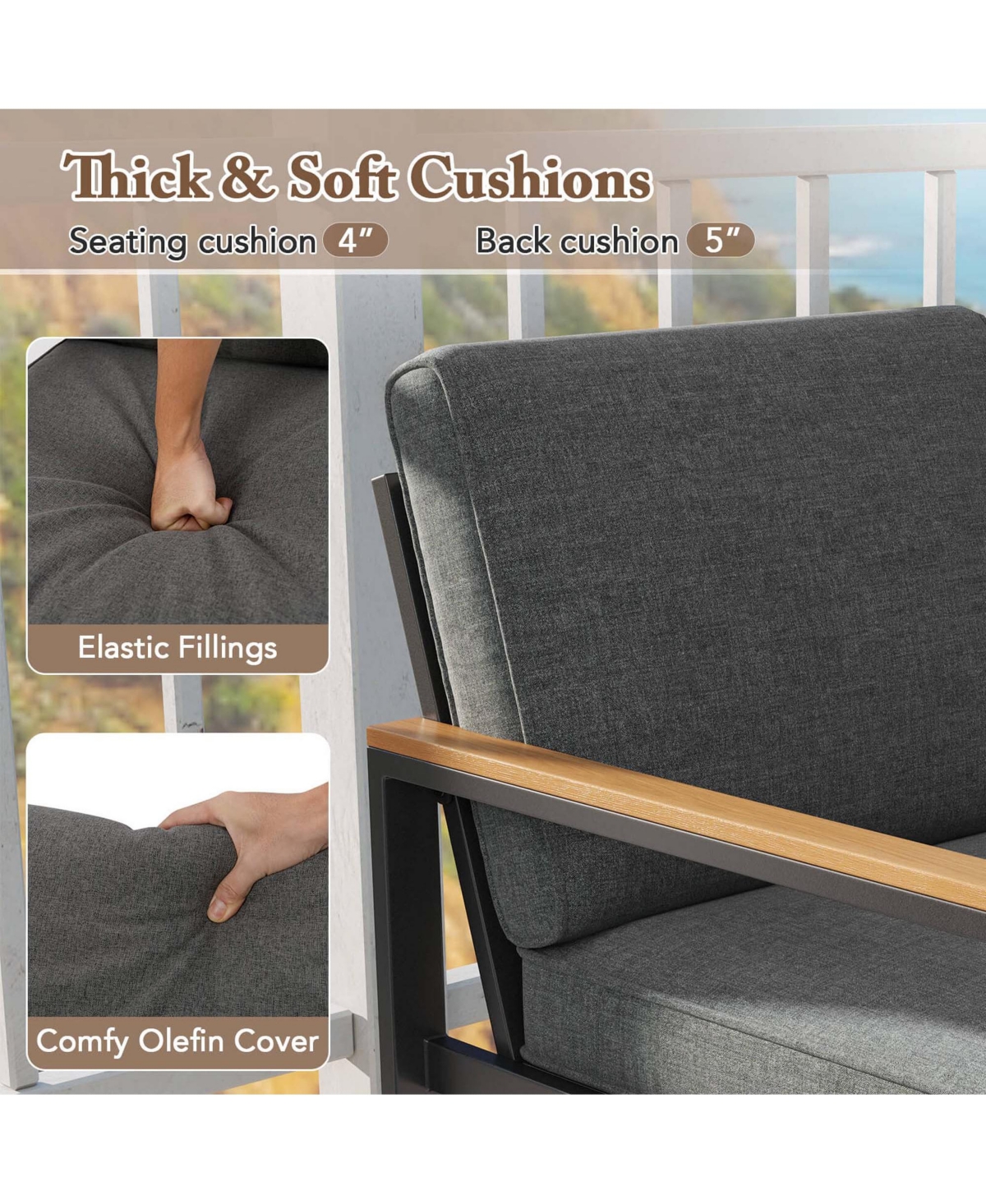 4 Pcs Patio Aluminum Furniture Set Wood-Plastic Armrests & Tabletop for Balcony