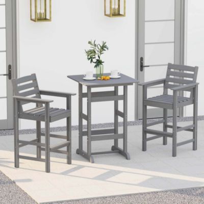 3-Piece Patio HDPE Bar Set Armchairs with Square High-Top Table Footrest and Backrest
