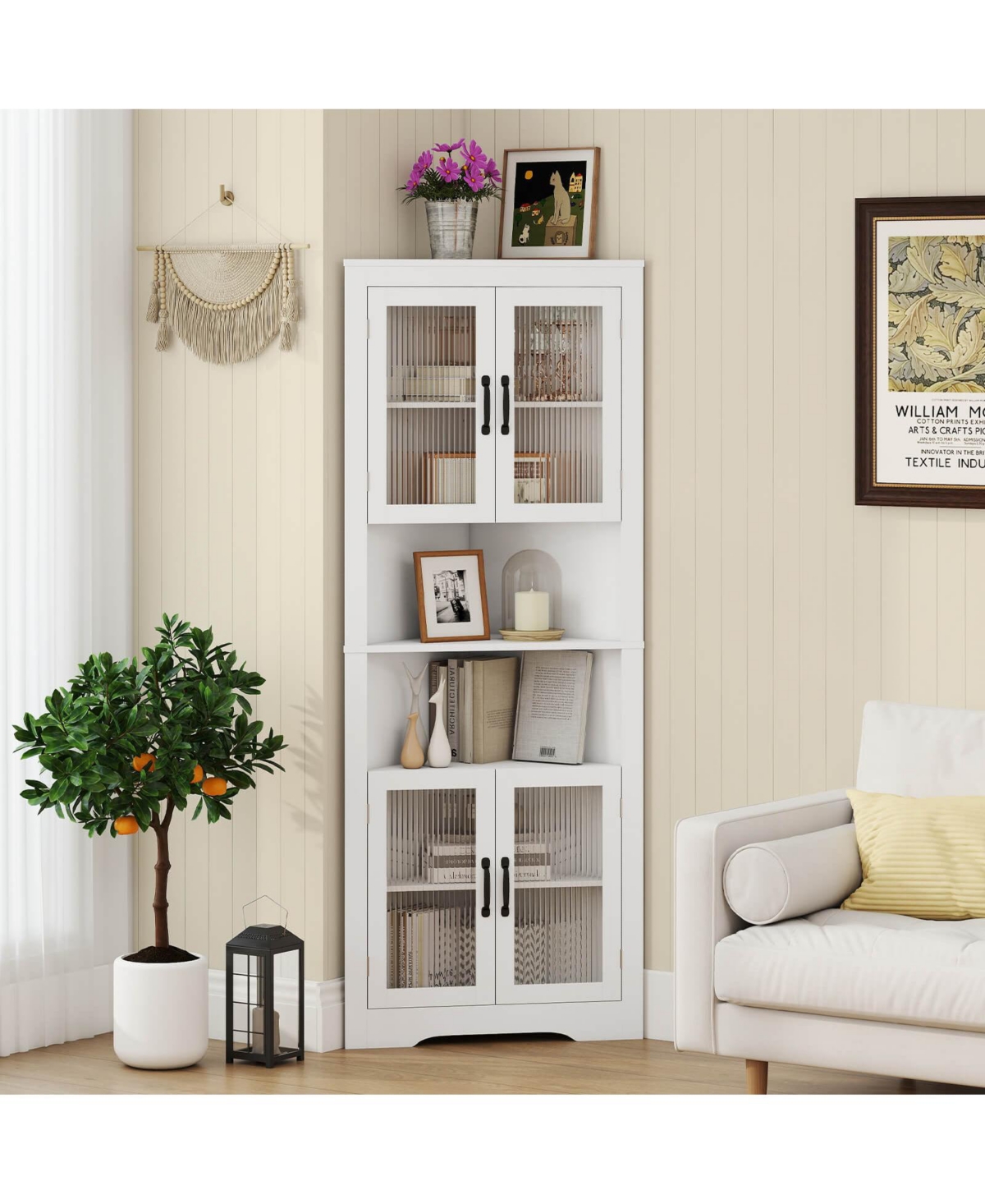 67" Tall Corner Hutch with 4 Fluted Glass Doors 3-Level Adjustable Shelves