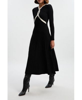 Women's Rib Knit Trim Full Skirt Midi Dress