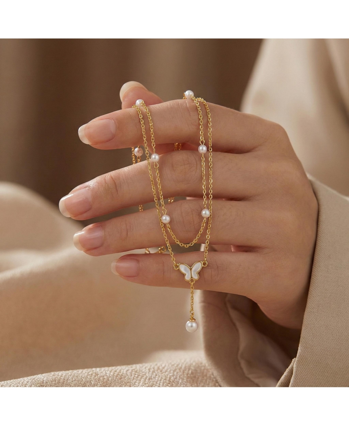 14K Gold Plated Double Layer Pearl and Butterfly Anklet