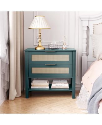 Rattan Nightstand with 2 Drawers, Open Shelf & Handles for Bedroom or Living Room