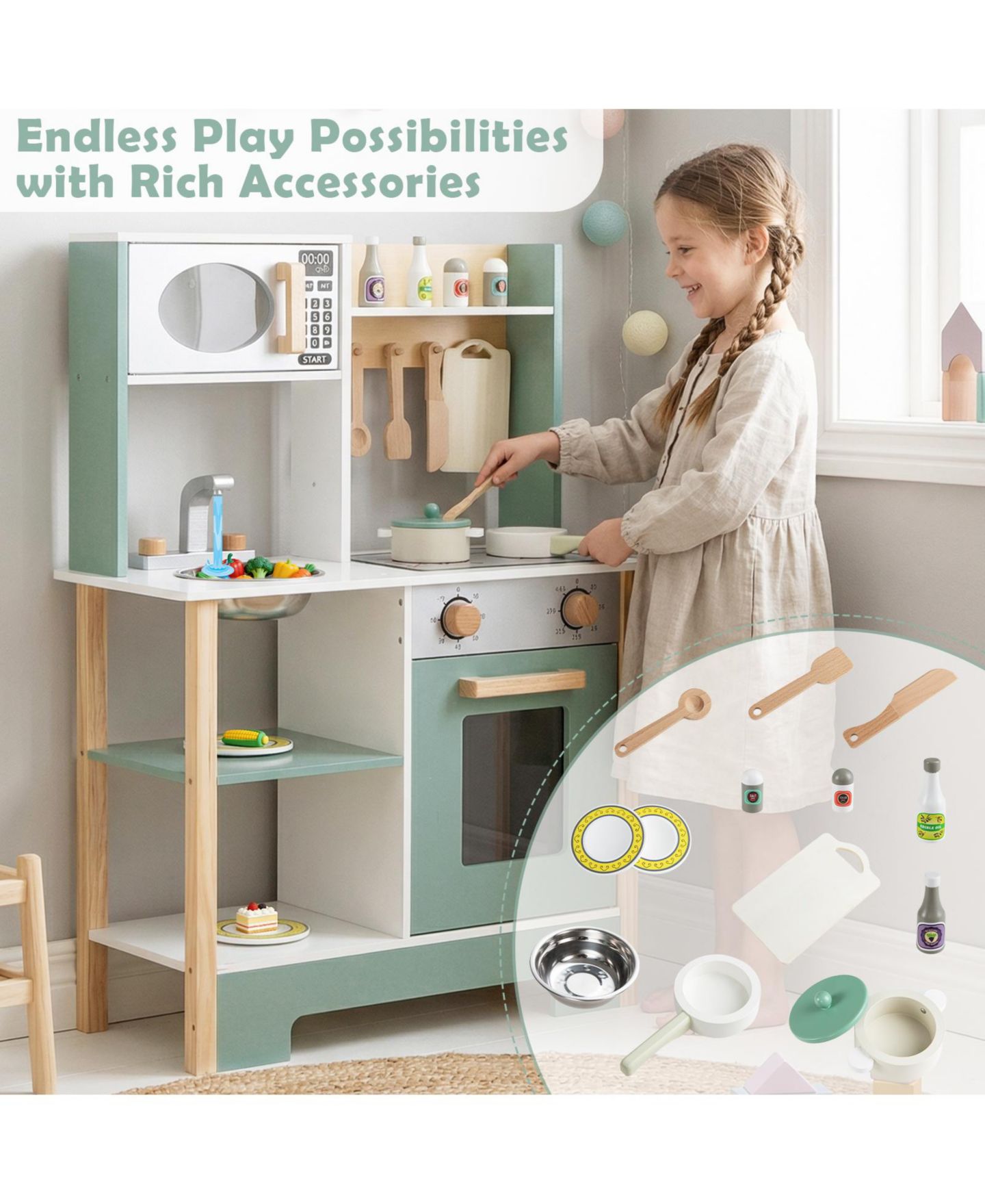 Детские игрушки Mecale Wooden Chalkboard 13-Piece Play Kitchen, Ages 3+, цвет: Зелёный — фото 4