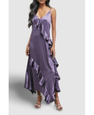 Women's Metallic Satin Ruffle Midi Slip Dress
