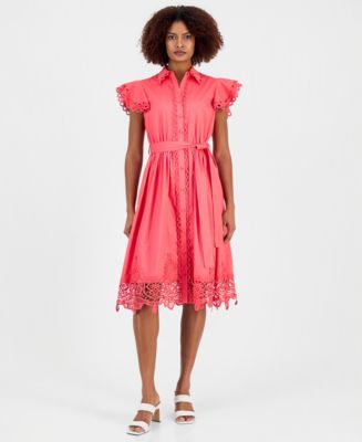 T Tahari Women's Lace-Trim Flutter-Sleeve Shirtdress - Macy's