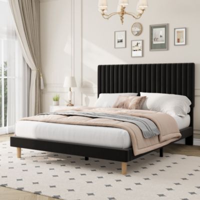 Upholstered Platform Velvet Bed Frame with Headboard,Strong Wooden Slats Support