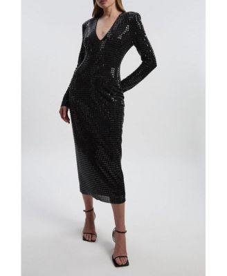 Women's Long Sleeve Plunge Neck Midi Dress