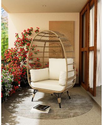 Oversized Rattan Egg Chair, Indoor/Outdoor Wicker Egg Basket Lounge with Steel Frame & 4 Cushions