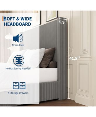 Corduroy Wingback Upholstered Platform Bed Frame with Storage Drawers, Wood Slat Support