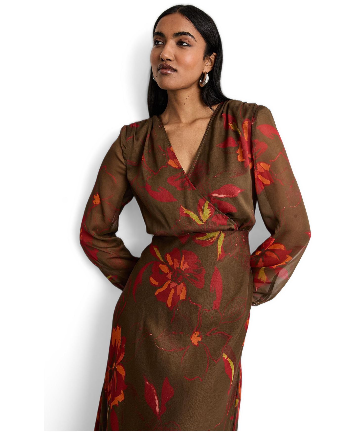 Женское платье Warehouse Printed V Neck Tie Detail Midi, цвет: Коричневый — фото 2