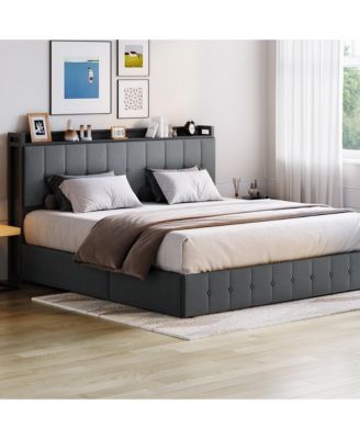 Upholstered Bed with Button Tufted Wingback Storage Headboard, Hydraulic Storage