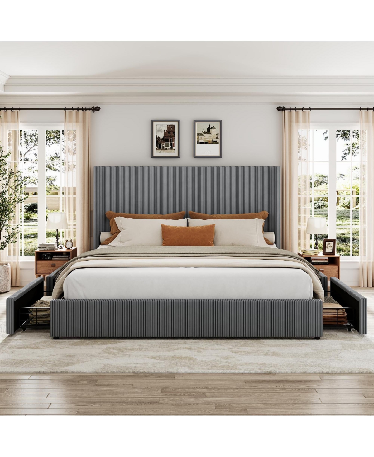 gaomon Corduroy Wingback Upholstered Platform Bed Frame with Storage Drawers