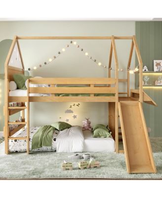 Loft Bed with Bookshelf and Slide for Kids