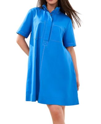 Women's Button-Front Stretch Poplin A-Line Dress