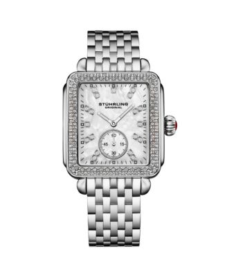 Women s 4090 34mm Crystal-Accented Rectangular Stainless Steel Bracelet Watch with Mother-of-Pearl Dial